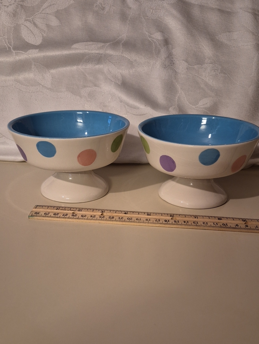 Vintage Century Pair of Polka Dot Ceramic Pedestal Desert Bowls - Blue Interior